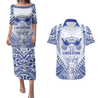 Northern Mariana Islands Liberation Day Couples Matching Puletasi and Hawaiian Shirt 79th Anniversary LT05 Blue - Polynesian Pride