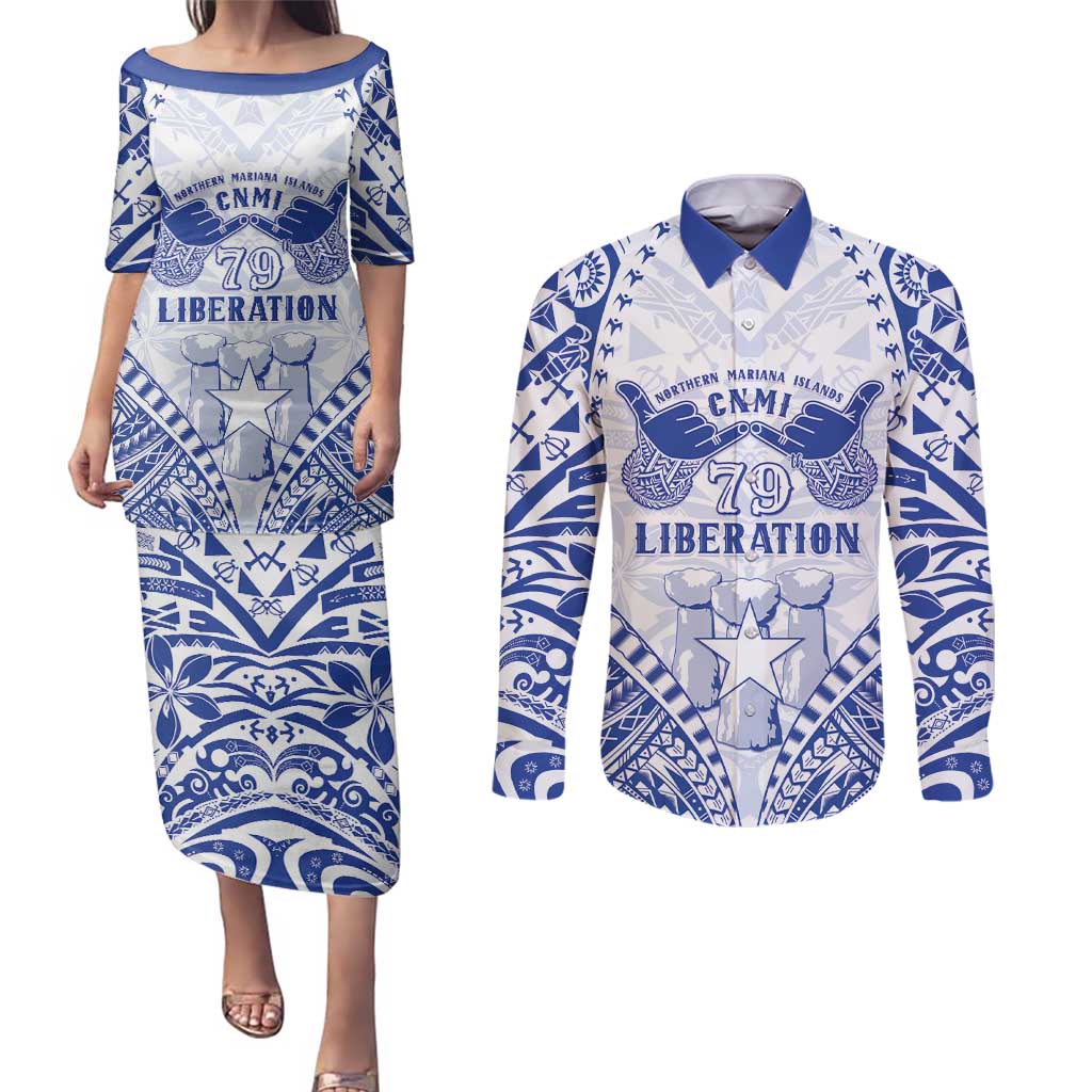 Northern Mariana Islands Liberation Day Couples Matching Puletasi and Long Sleeve Button Shirt 79th Anniversary LT05 Blue - Polynesian Pride