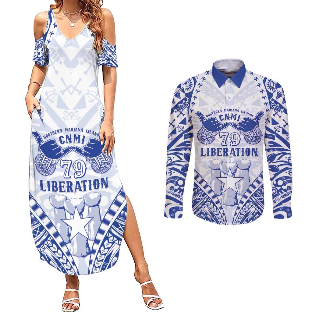 Northern Mariana Islands Liberation Day Couples Matching Summer Maxi Dress and Long Sleeve Button Shirt 79th Anniversary LT05 Blue - Polynesian Pride