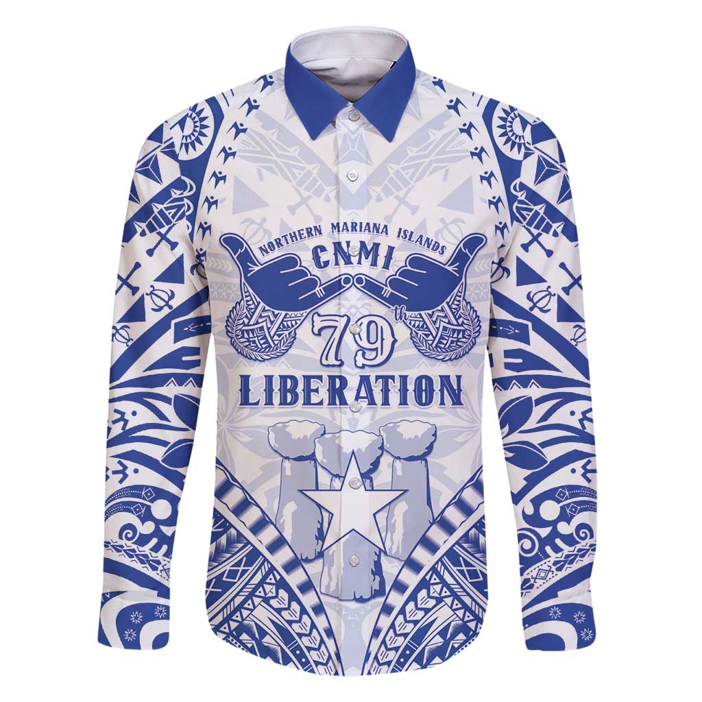 Northern Mariana Islands Liberation Day Family Matching Mermaid Dress and Hawaiian Shirt 79th Anniversary LT05 Dad's Shirt - Long Sleeve Blue - Polynesian Pride