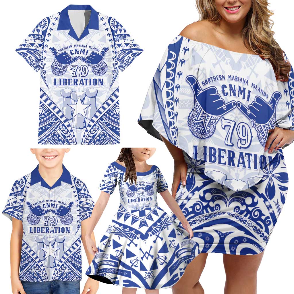 Northern Mariana Islands Liberation Day Family Matching Off Shoulder Short Dress and Hawaiian Shirt 79th Anniversary
