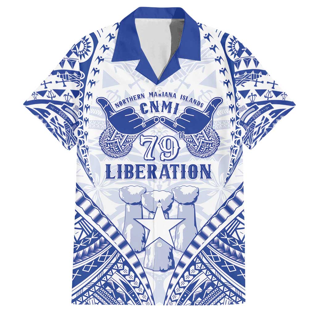 Northern Mariana Islands Liberation Day Family Matching Puletasi and Hawaiian Shirt 79th Anniversary LT05 Dad's Shirt - Short Sleeve Blue - Polynesian Pride