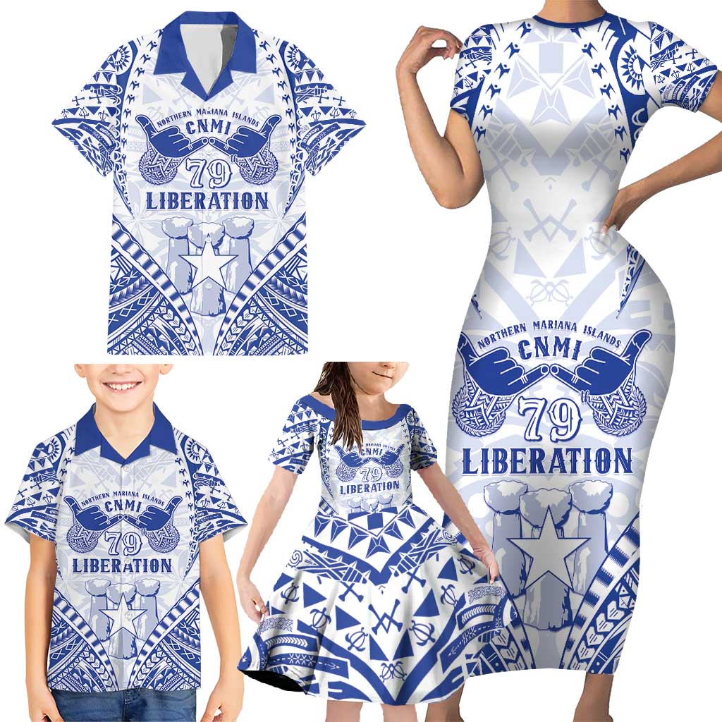 Northern Mariana Islands Liberation Day Family Matching Short Sleeve Bodycon Dress and Hawaiian Shirt 79th Anniversary