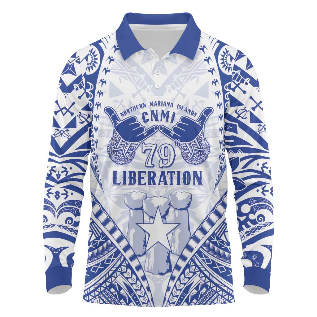 Northern Mariana Islands Liberation Day Long Sleeve Polo Shirt 79th Anniversary LT05 Blue - Polynesian Pride