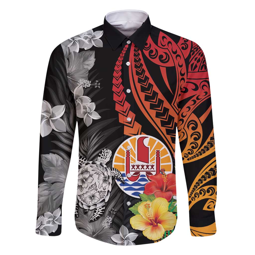 French Polynesia Bastille Day Family Matching Mermaid Dress and Hawaiian Shirt Tropical Turtle Hibiscus Polynesian Pattern LT05 Dad's Shirt - Long Sleeve Black - Polynesian Pride