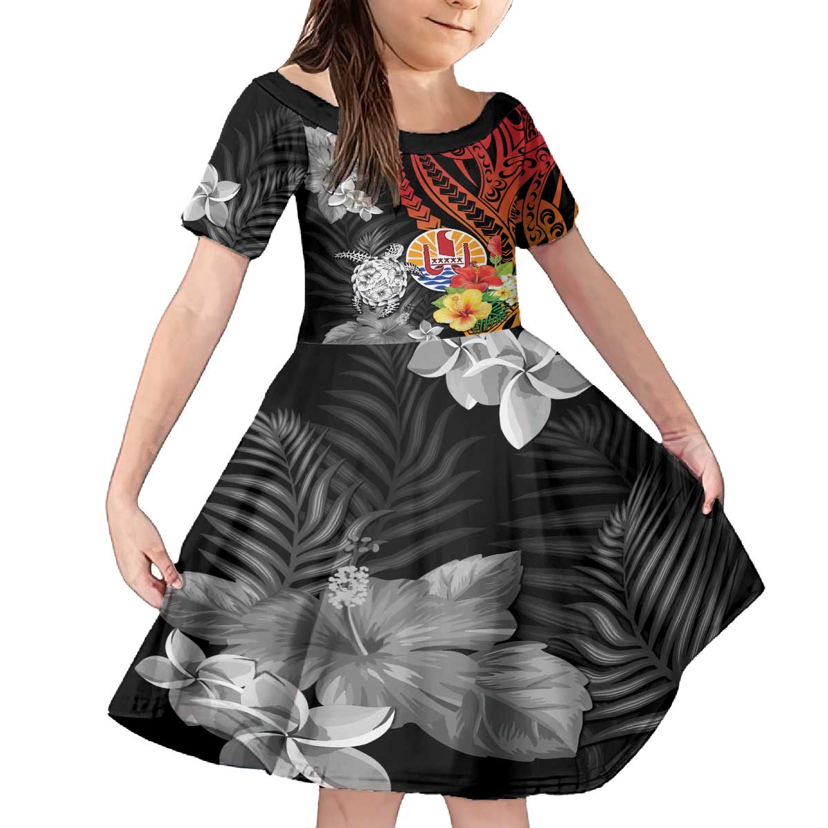 French Polynesia Bastille Day Family Matching Off The Shoulder Long Sleeve Dress and Hawaiian Shirt Tropical Turtle Hibiscus Polynesian Pattern LT05 Daughter's Dress Black - Polynesian Pride