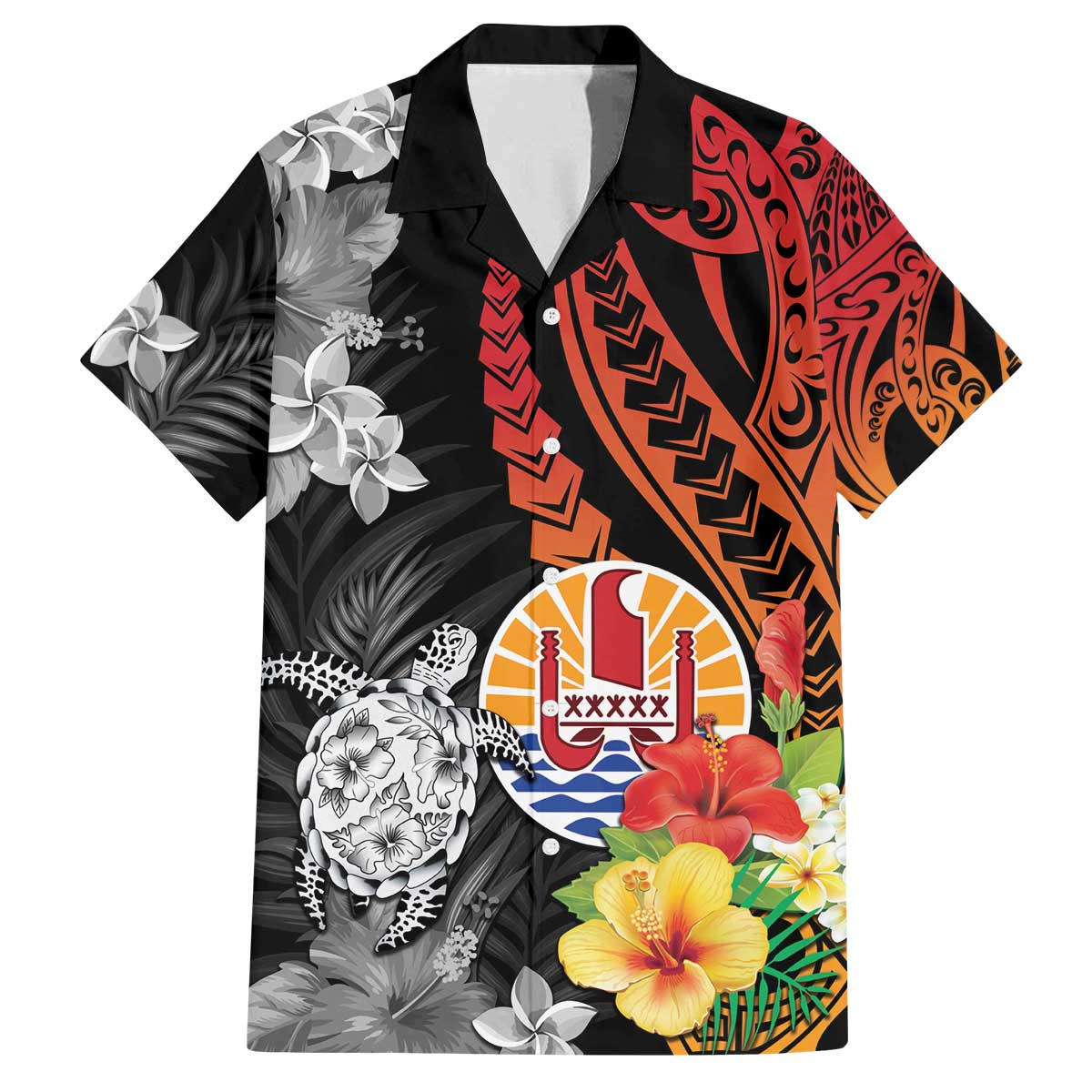French Polynesia Bastille Day Family Matching Off The Shoulder Long Sleeve Dress and Hawaiian Shirt Tropical Turtle Hibiscus Polynesian Pattern LT05 Dad's Shirt - Short Sleeve Black - Polynesian Pride