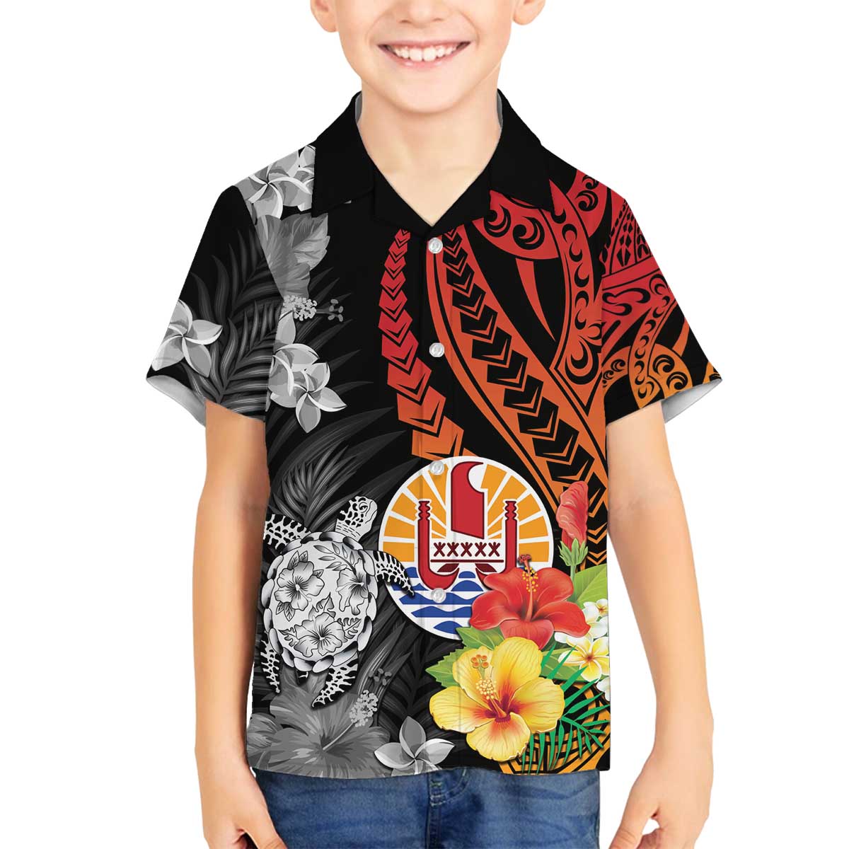 French Polynesia Bastille Day Family Matching Off The Shoulder Long Sleeve Dress and Hawaiian Shirt Tropical Turtle Hibiscus Polynesian Pattern LT05 Son's Shirt Black - Polynesian Pride
