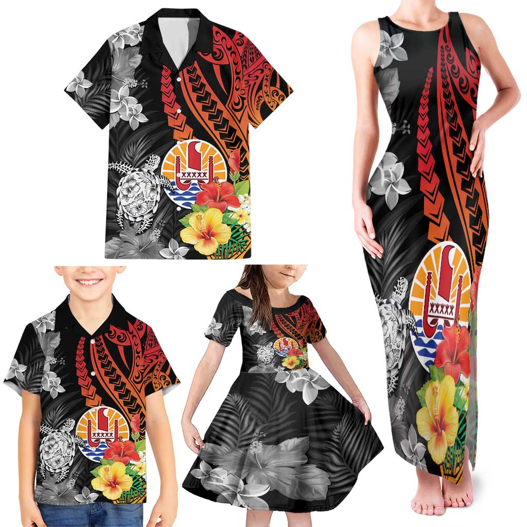 French Polynesia Bastille Day Family Matching Tank Maxi Dress and Hawaiian Shirt Tropical Turtle Hibiscus Polynesian Pattern