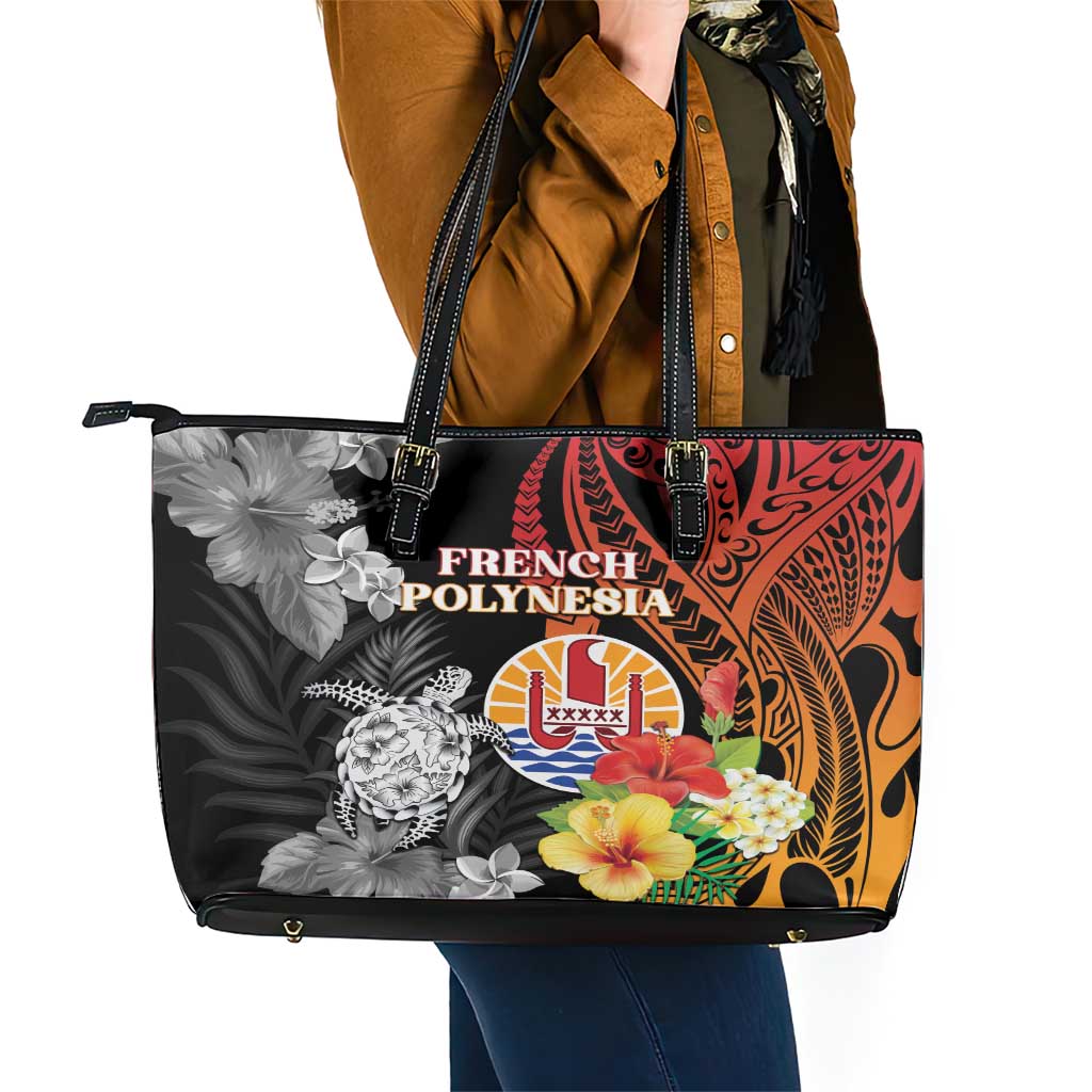 French Polynesia Bastille Day Leather Tote Bag Tropical Turtle Hibiscus Polynesian Pattern LT05 - Polynesian Pride