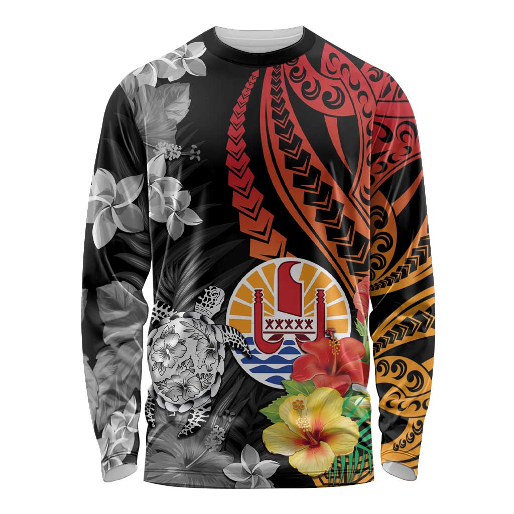 French Polynesia Bastille Day Long Sleeve Shirt Tropical Turtle Hibiscus Polynesian Pattern LT05 Unisex Black - Polynesian Pride