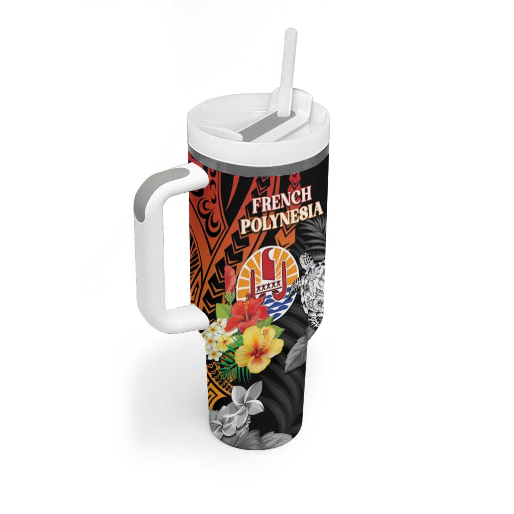 Personalised French Polynesia Bastille Day Tumbler With Handle Tropical Turtle Hibiscus Polynesian Pattern