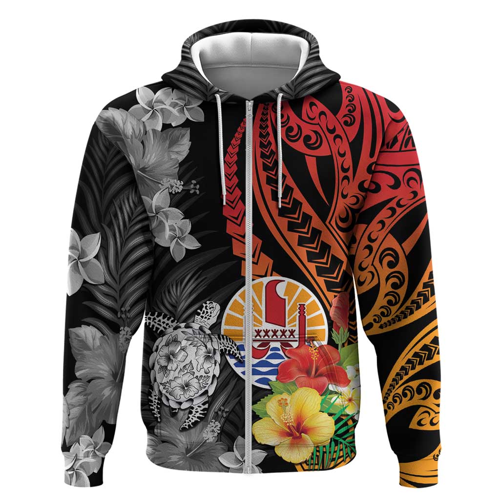 French Polynesia Bastille Day Zip Hoodie Tropical Turtle Hibiscus Polynesian Pattern LT05 Zip Hoodie Black - Polynesian Pride