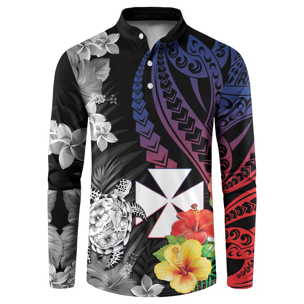 Wallis and Futuna Bastille Day Button Sweatshirt Tropical Turtle Hibiscus Polynesian Pattern LT05 Black - Polynesian Pride