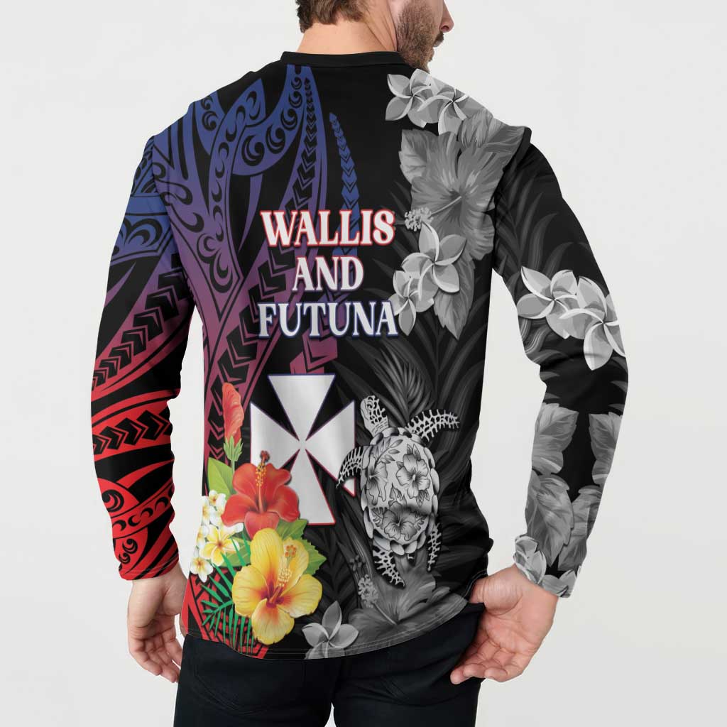 Wallis and Futuna Bastille Day Button Sweatshirt Tropical Turtle Hibiscus Polynesian Pattern