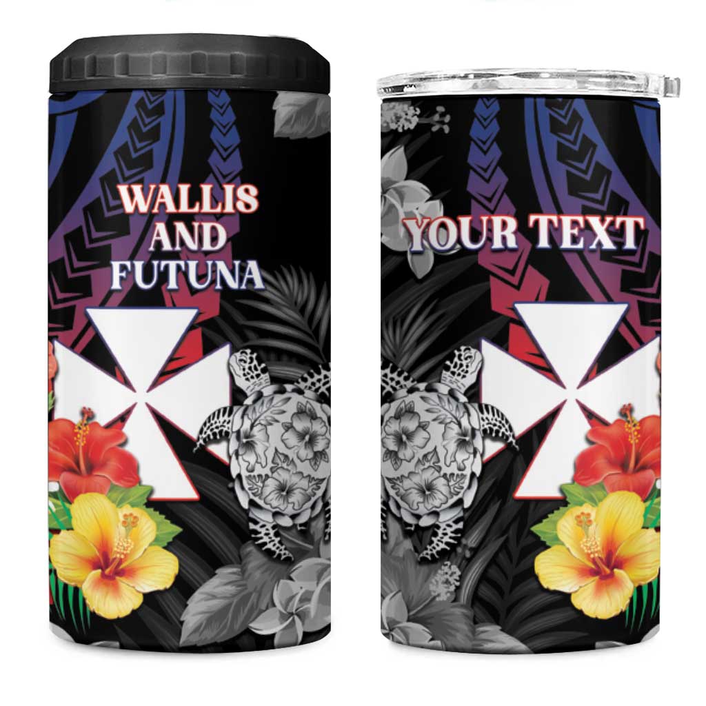 Personalised Wallis and Futuna Bastille Day 4 in 1 Can Cooler Tumbler Tropical Turtle Hibiscus Polynesian Pattern LT05 One Size: 16 oz Black - Polynesian Pride