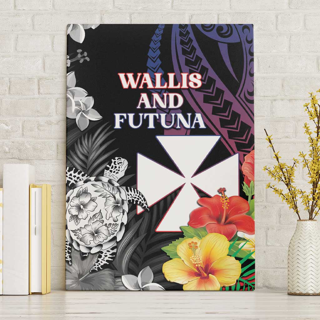 Wallis and Futuna Bastille Day Canvas Wall Art Tropical Turtle Hibiscus Polynesian Pattern LT05 Without Frame Black - Polynesian Pride