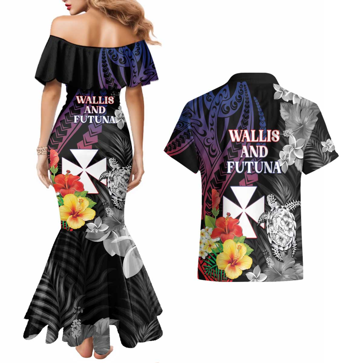 Wallis and Futuna Bastille Day Couples Matching Mermaid Dress and Hawaiian Shirt Tropical Turtle Hibiscus Polynesian Pattern