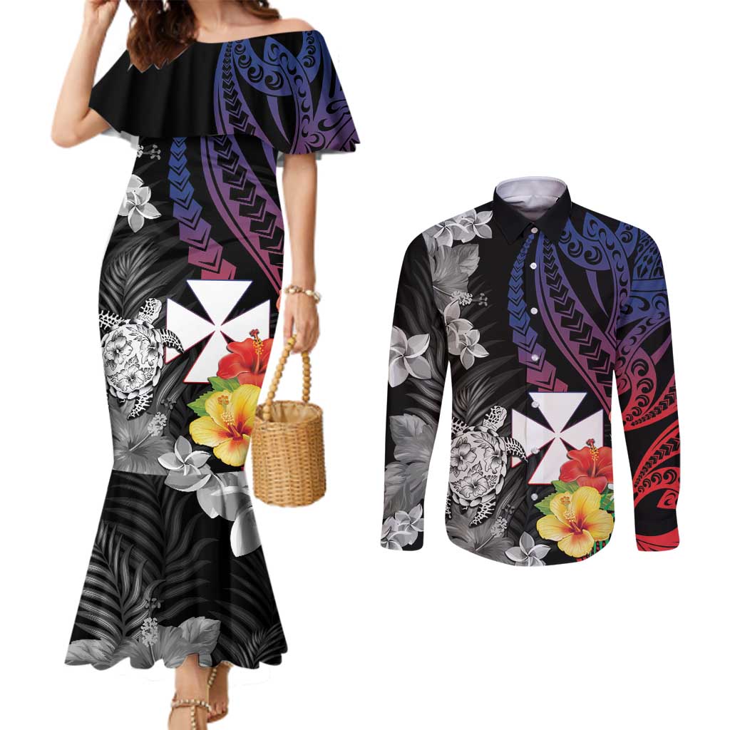Wallis and Futuna Bastille Day Couples Matching Mermaid Dress and Long Sleeve Button Shirt Tropical Turtle Hibiscus Polynesian Pattern LT05 Black - Polynesian Pride