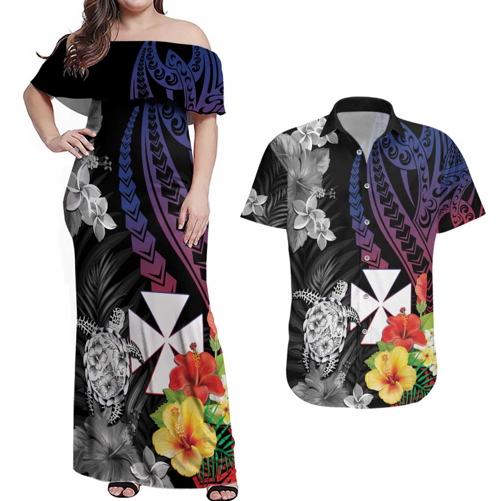 Wallis and Futuna Bastille Day Couples Matching Off Shoulder Maxi Dress and Hawaiian Shirt Tropical Turtle Hibiscus Polynesian Pattern LT05 Black - Polynesian Pride