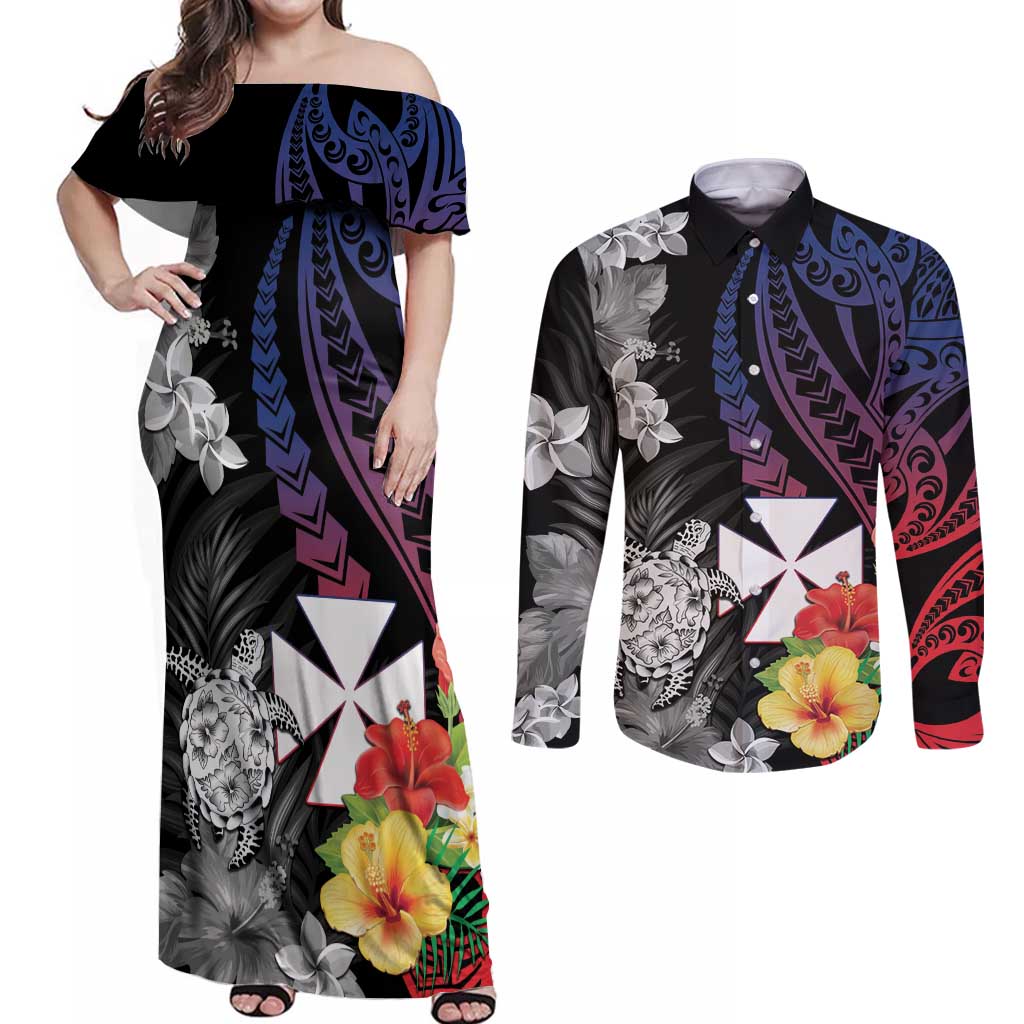 Wallis and Futuna Bastille Day Couples Matching Off Shoulder Maxi Dress and Long Sleeve Button Shirt Tropical Turtle Hibiscus Polynesian Pattern LT05 Black - Polynesian Pride