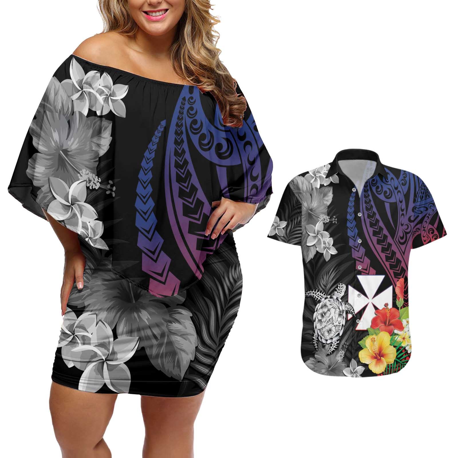 Wallis and Futuna Bastille Day Couples Matching Off Shoulder Short Dress and Hawaiian Shirt Tropical Turtle Hibiscus Polynesian Pattern LT05 Black - Polynesian Pride