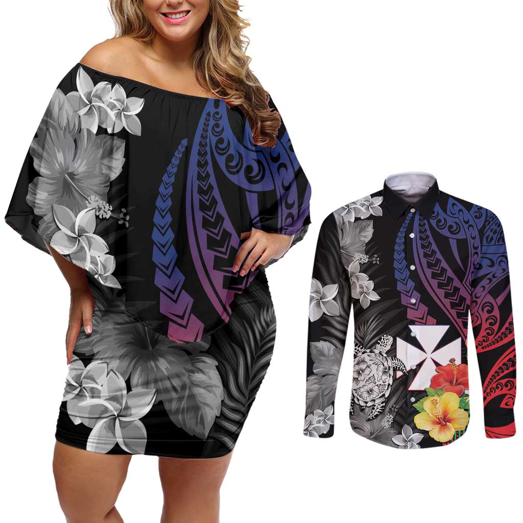 Wallis and Futuna Bastille Day Couples Matching Off Shoulder Short Dress and Long Sleeve Button Shirt Tropical Turtle Hibiscus Polynesian Pattern LT05 Black - Polynesian Pride