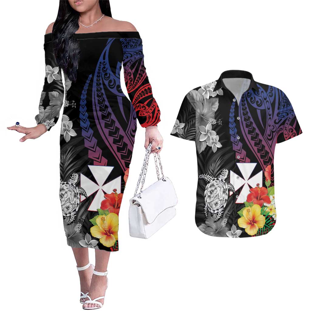 Wallis and Futuna Bastille Day Couples Matching Off The Shoulder Long Sleeve Dress and Hawaiian Shirt Tropical Turtle Hibiscus Polynesian Pattern LT05 Black - Polynesian Pride