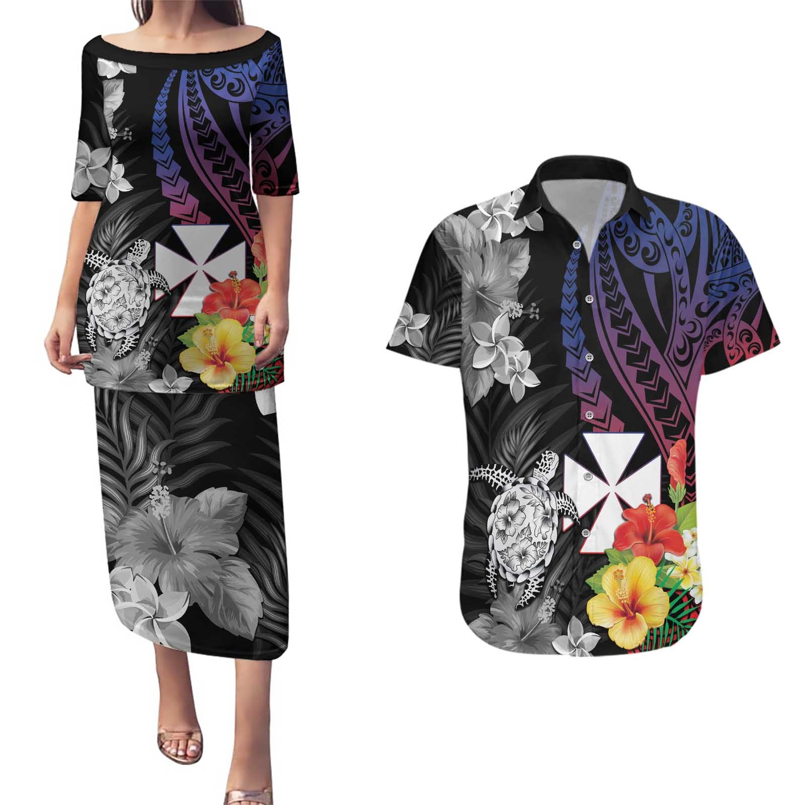 Wallis and Futuna Bastille Day Couples Matching Puletasi and Hawaiian Shirt Tropical Turtle Hibiscus Polynesian Pattern LT05 Black - Polynesian Pride