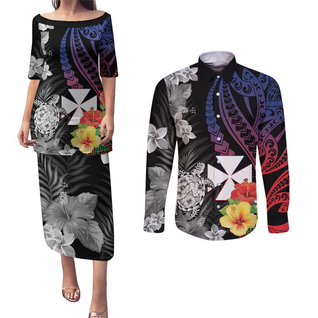 Wallis and Futuna Bastille Day Couples Matching Puletasi and Long Sleeve Button Shirt Tropical Turtle Hibiscus Polynesian Pattern LT05 Black - Polynesian Pride