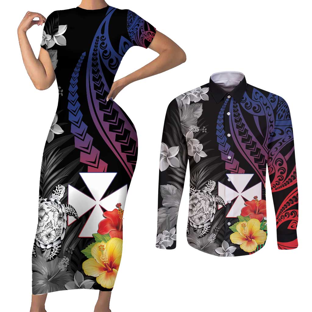Wallis and Futuna Bastille Day Couples Matching Short Sleeve Bodycon Dress and Long Sleeve Button Shirt Tropical Turtle Hibiscus Polynesian Pattern LT05 Black - Polynesian Pride