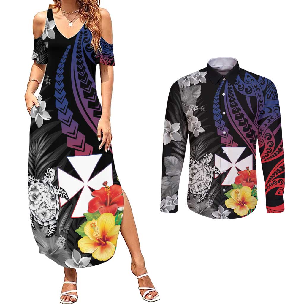 Wallis and Futuna Bastille Day Couples Matching Summer Maxi Dress and Long Sleeve Button Shirt Tropical Turtle Hibiscus Polynesian Pattern LT05 Black - Polynesian Pride