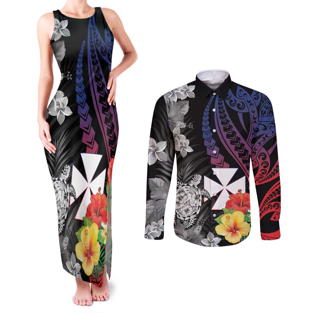 Wallis and Futuna Bastille Day Couples Matching Tank Maxi Dress and Long Sleeve Button Shirt Tropical Turtle Hibiscus Polynesian Pattern LT05 Black - Polynesian Pride