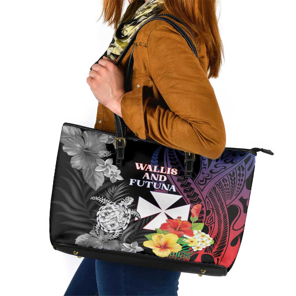 Wallis and Futuna Bastille Day Leather Tote Bag Tropical Turtle Hibiscus Polynesian Pattern LT05 Black - Polynesian Pride