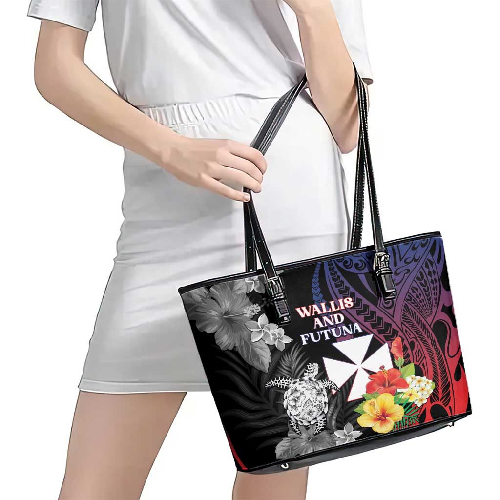 Wallis and Futuna Bastille Day Leather Tote Bag Tropical Turtle Hibiscus Polynesian Pattern LT05 - Polynesian Pride