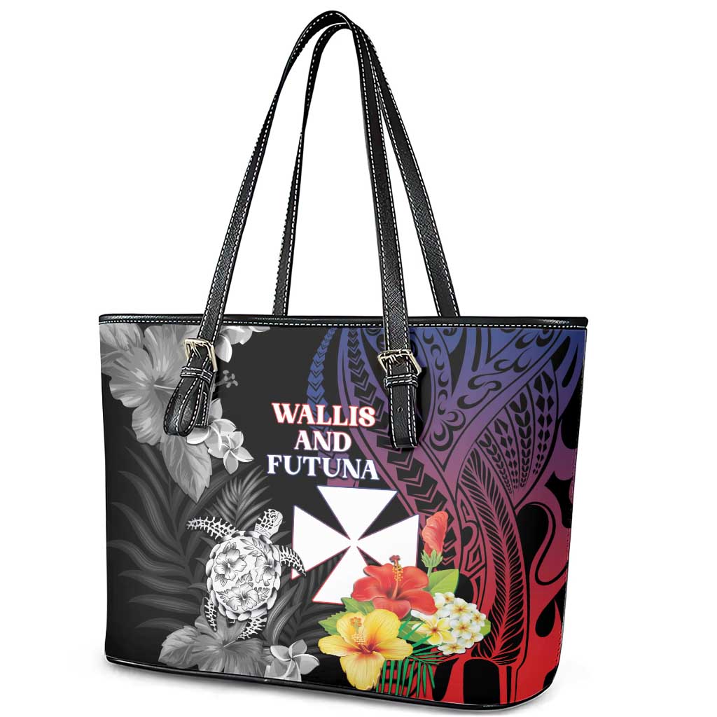 Wallis and Futuna Bastille Day Leather Tote Bag Tropical Turtle Hibiscus Polynesian Pattern LT05 - Polynesian Pride