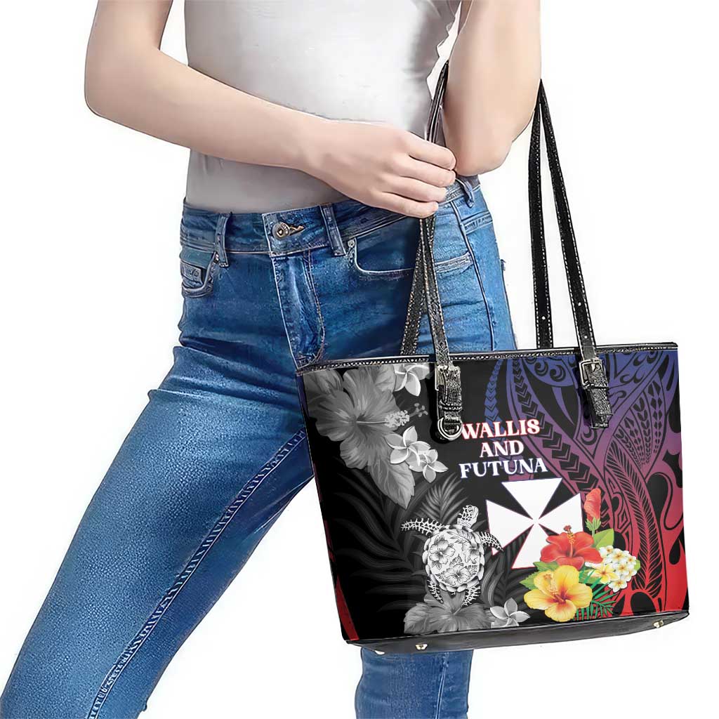 Wallis and Futuna Bastille Day Leather Tote Bag Tropical Turtle Hibiscus Polynesian Pattern LT05 - Polynesian Pride