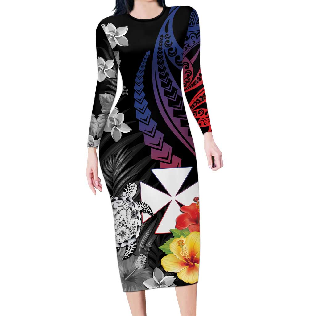 Wallis and Futuna Bastille Day Long Sleeve Bodycon Dress Tropical Turtle Hibiscus Polynesian Pattern LT05 Long Dress Black - Polynesian Pride