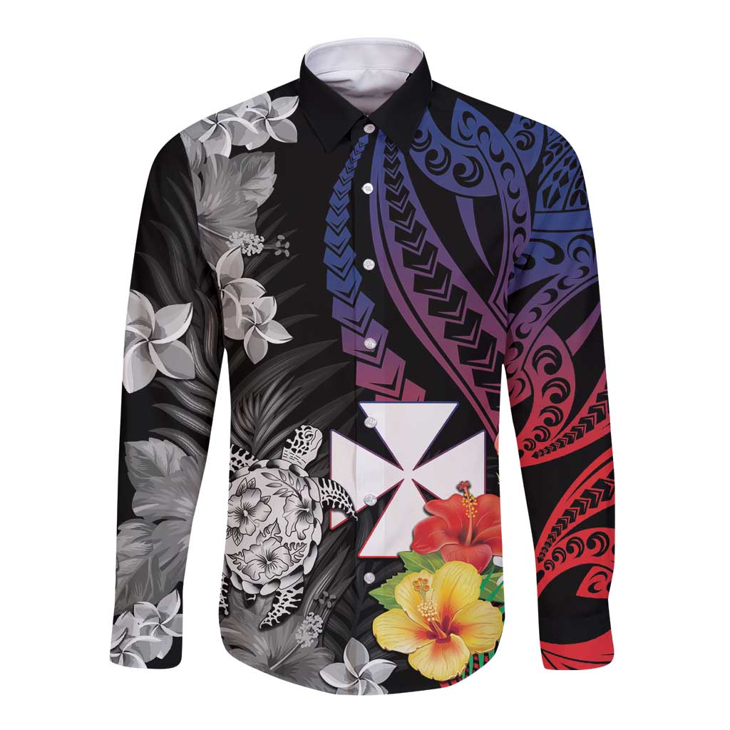 Wallis and Futuna Bastille Day Long Sleeve Button Shirt Tropical Turtle Hibiscus Polynesian Pattern LT05 Unisex Black - Polynesian Pride
