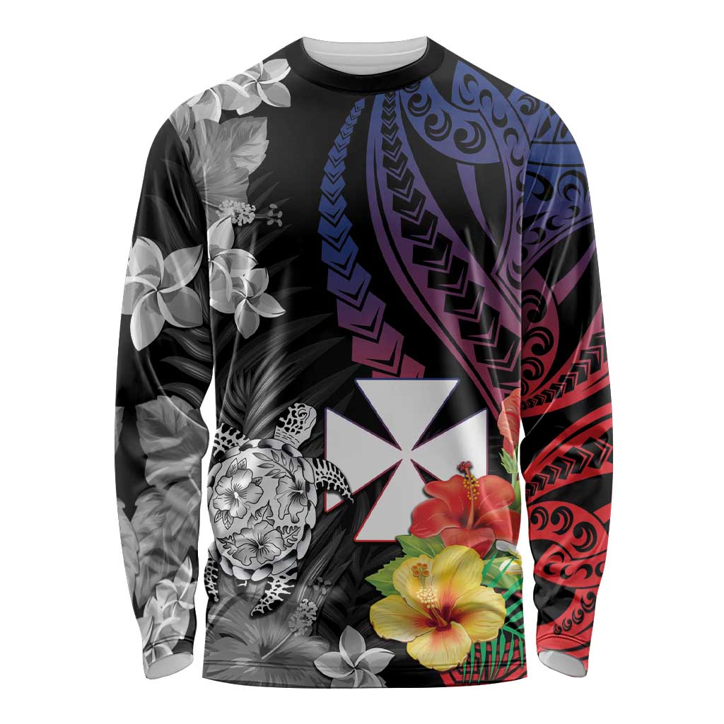 Wallis and Futuna Bastille Day Long Sleeve Shirt Tropical Turtle Hibiscus Polynesian Pattern LT05 Unisex Black - Polynesian Pride