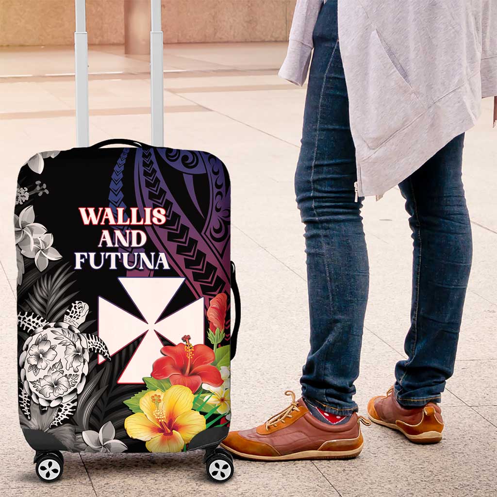 Wallis and Futuna Bastille Day Luggage Cover Tropical Turtle Hibiscus Polynesian Pattern LT05 Black - Polynesian Pride