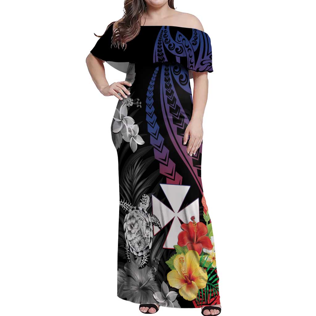 Wallis and Futuna Bastille Day Off Shoulder Maxi Dress Tropical Turtle Hibiscus Polynesian Pattern LT05 Women Black - Polynesian Pride