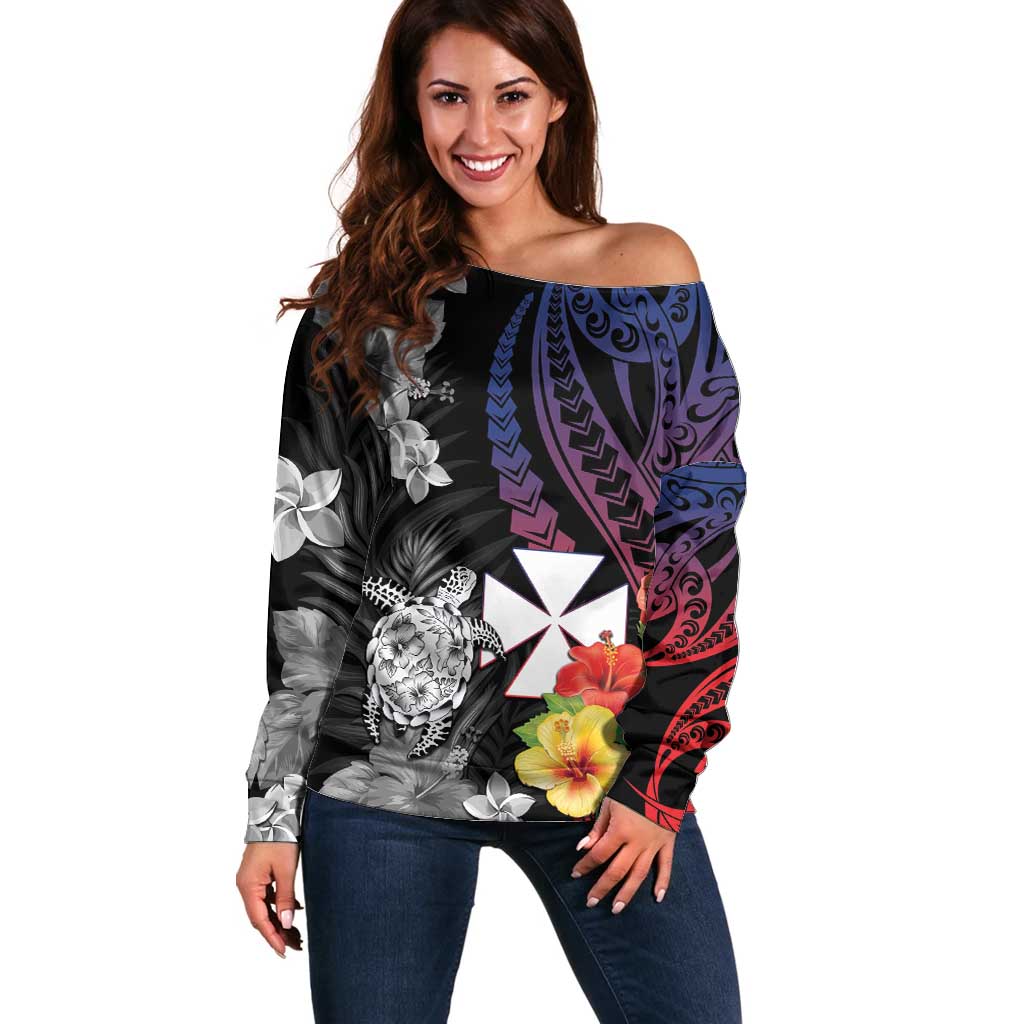 Wallis and Futuna Bastille Day Off Shoulder Sweater Tropical Turtle Hibiscus Polynesian Pattern LT05 Women Black - Polynesian Pride