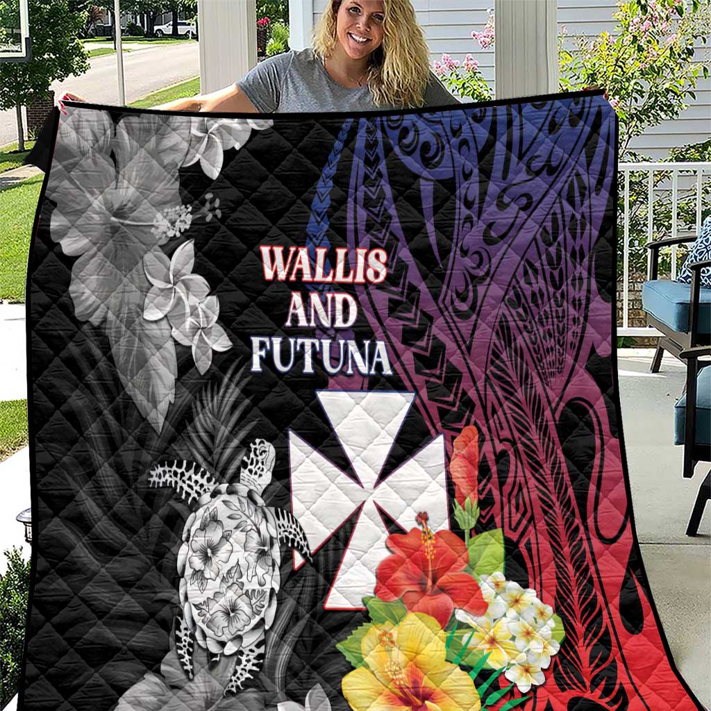Wallis and Futuna Bastille Day Quilt Tropical Turtle Hibiscus Polynesian Pattern LT05 Black - Polynesian Pride