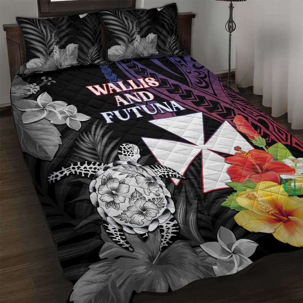 Wallis and Futuna Bastille Day Quilt Bed Set Tropical Turtle Hibiscus Polynesian Pattern LT05 Black - Polynesian Pride