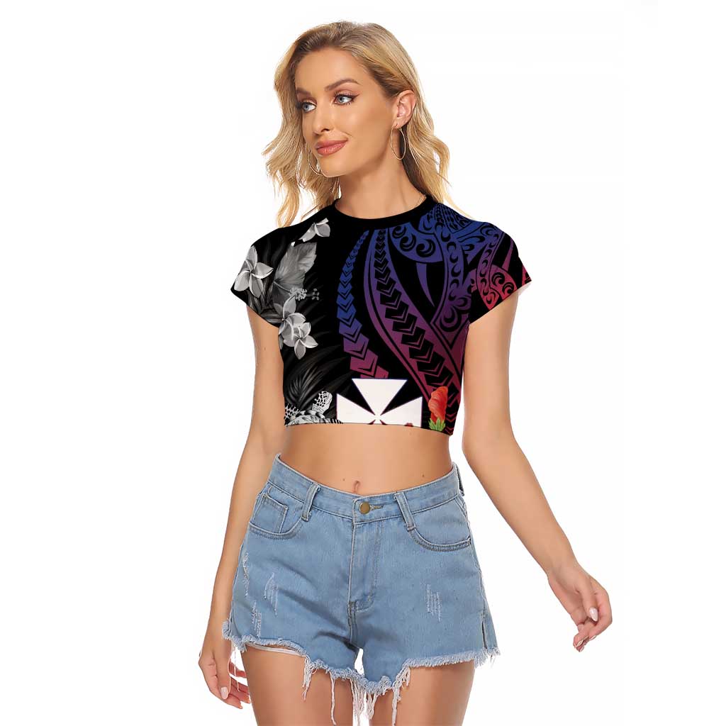 Wallis and Futuna Bastille Day Raglan Cropped T Shirt Tropical Turtle Hibiscus Polynesian Pattern LT05 Female Black - Polynesian Pride