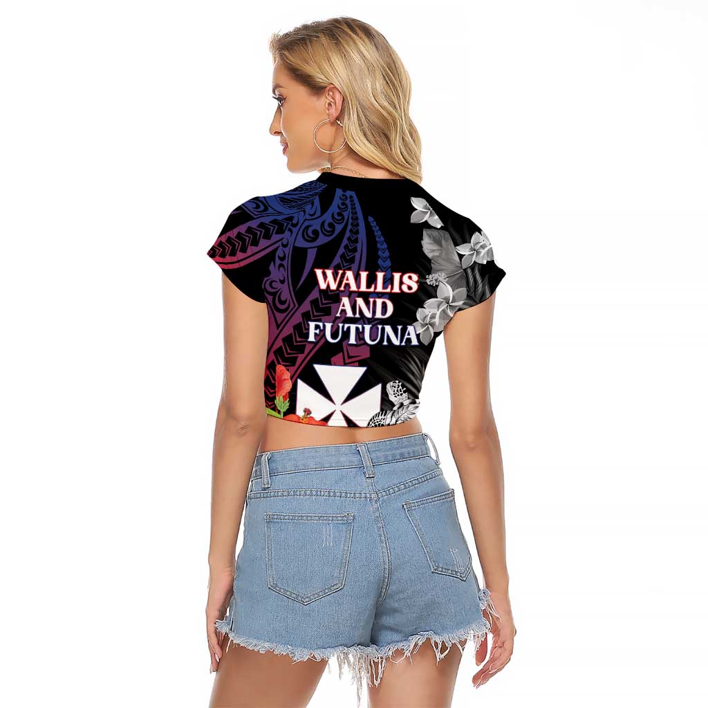 Wallis and Futuna Bastille Day Raglan Cropped T Shirt Tropical Turtle Hibiscus Polynesian Pattern LT05 - Polynesian Pride