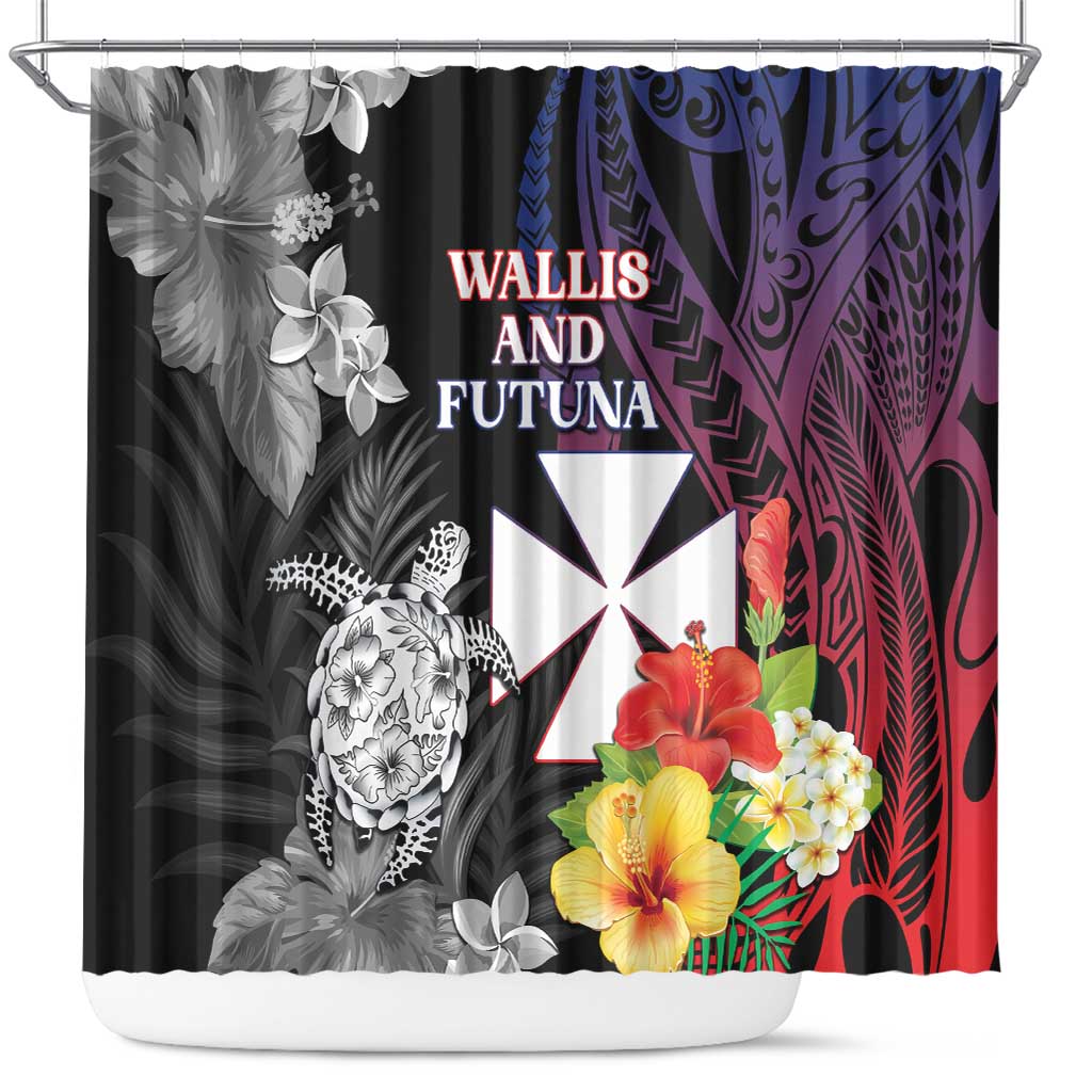 Wallis and Futuna Bastille Day Shower Curtain Tropical Turtle Hibiscus Polynesian Pattern LT05 Black - Polynesian Pride