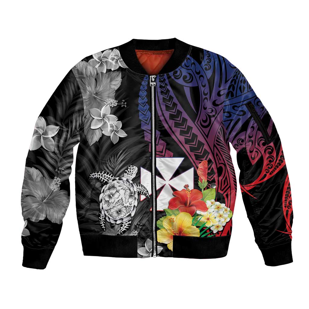 Wallis and Futuna Bastille Day Sleeve Zip Bomber Jacket Tropical Turtle Hibiscus Polynesian Pattern LT05 Unisex Black - Polynesian Pride