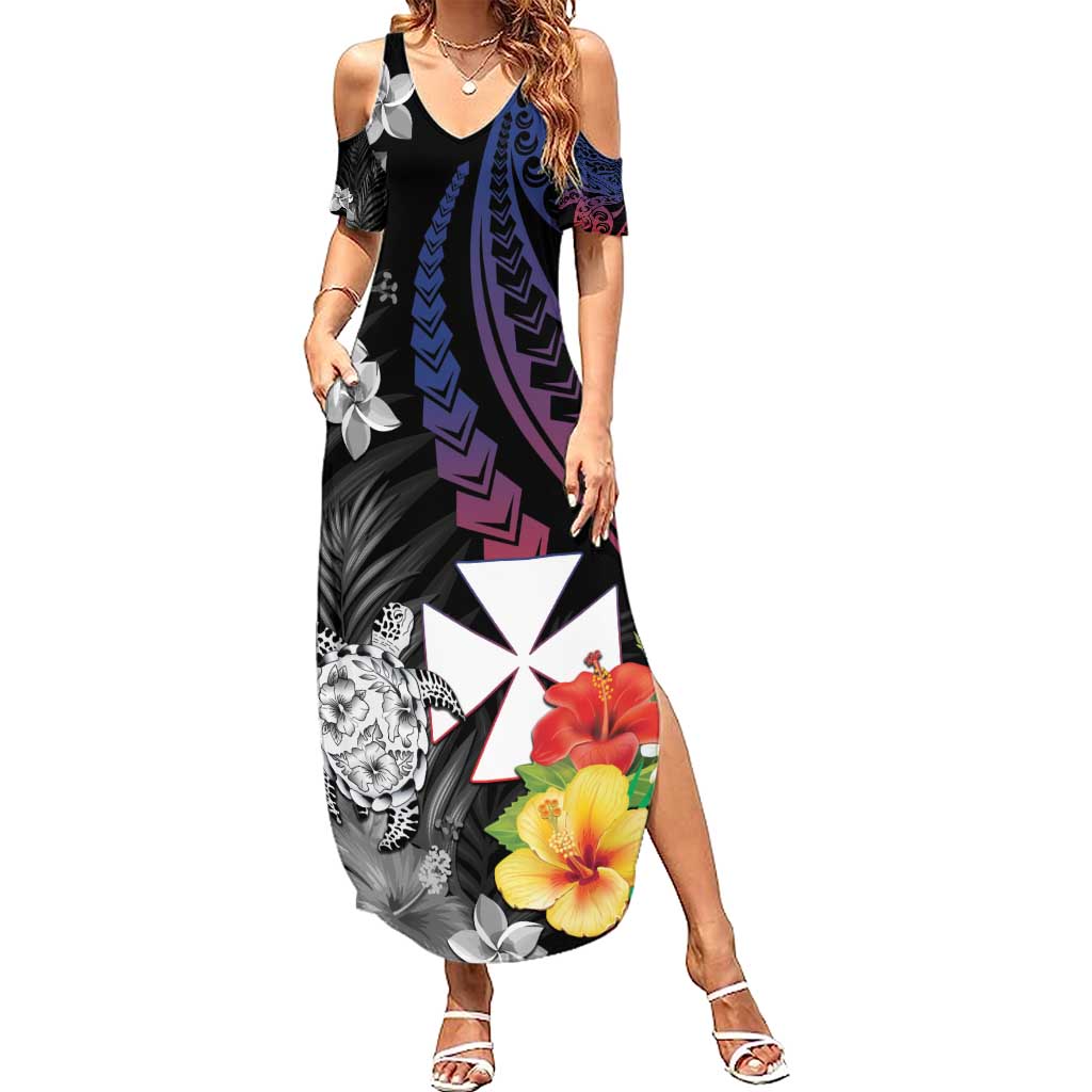 Wallis and Futuna Bastille Day Summer Maxi Dress Tropical Turtle Hibiscus Polynesian Pattern LT05 Women Black - Polynesian Pride
